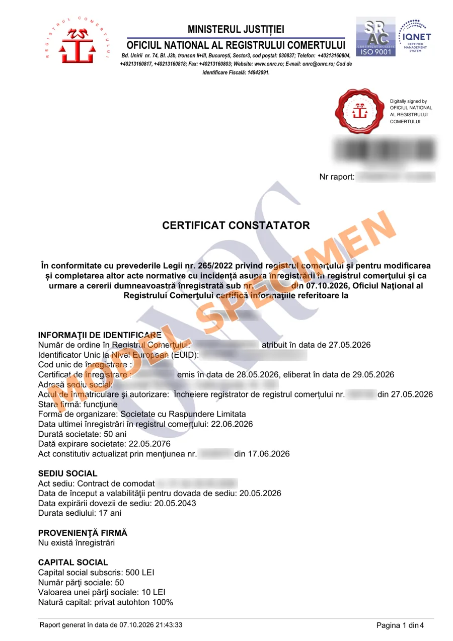 Certificat constatator emis de ONRC, pagina 1 – model cu datele firmei ascunse