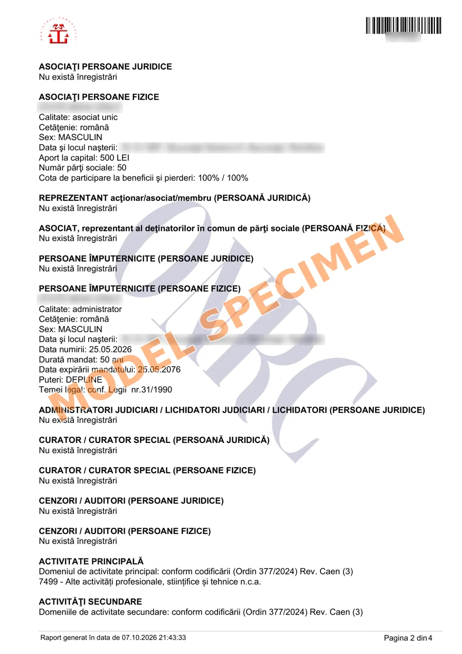 Certificat constatator emis de ONRC, pagina 2 – model cu datele ascunse