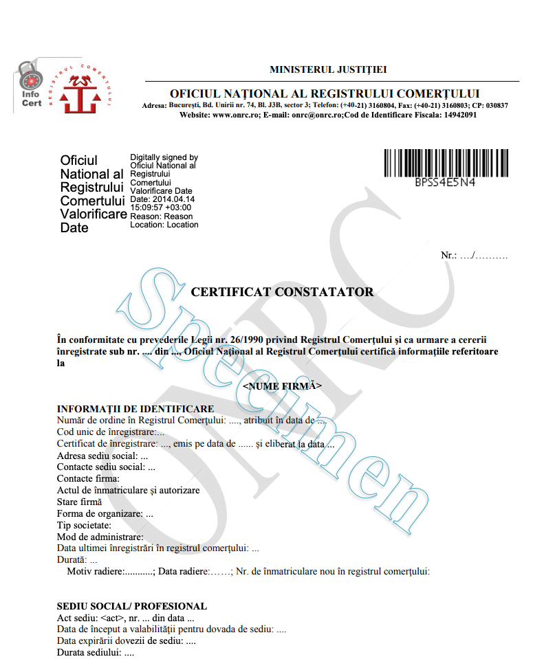 Specimen certificat constatator emis de Registrul Comerțului